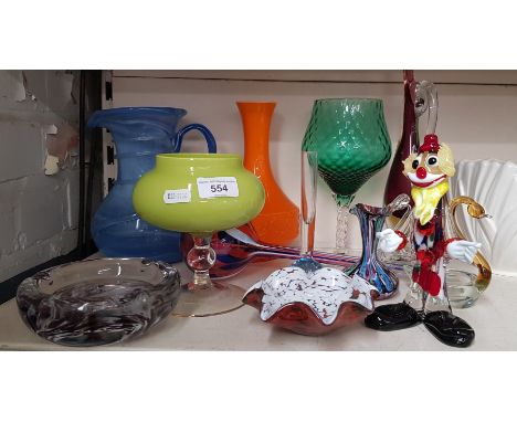 Art glass - 12 items including a millefiori jug, clown, amethyst &amp; yellow cased glass footed jug, Liskeard Glass etc.