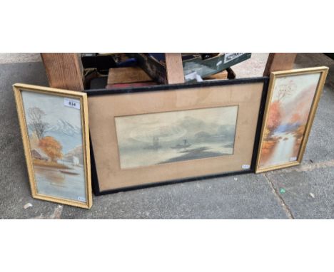 K Seki (Japanese, 20th century), three watercolours, river scenes with Mount Fuji in the background, each signed, framed and 