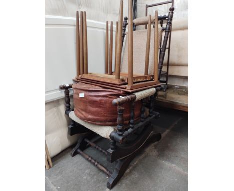 An American style rocking chair, a retro leather pouffe and a nest of tables (as found).