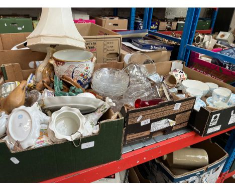 A box of glass ware and 2 boxes of pottery including alabaster table lamp, Foley ware tea set and some treen