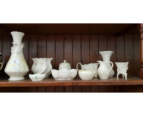 Belleek - 10 items with various backstamps including the 3rd black mark (1926-46), 1st green mark (1946-55) etc. Tallest item