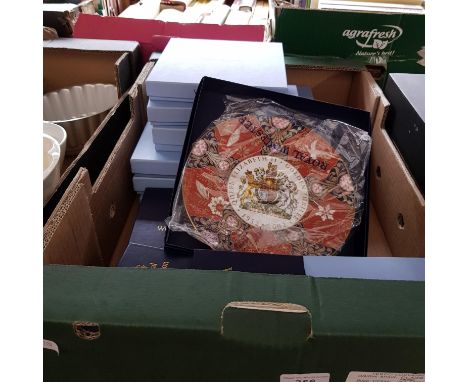 A box of Wedgwood ceramics including calendar plates, Royal Worcester commemoratives, and Royal Doulton picture frame etc - a