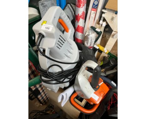 A quantity of garden tools, hand and powered including strimmers, garden vac/blower, Stihl cordless hedge trimmer (NO Battery