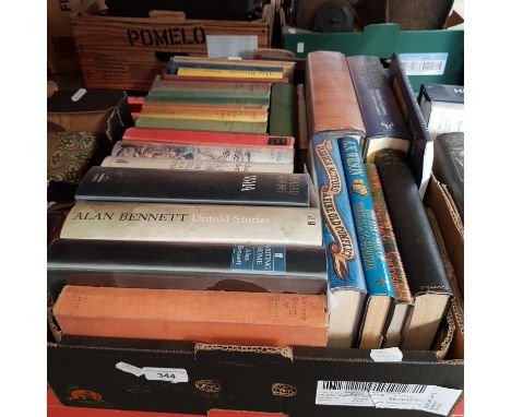 A box of mixed first edition hardback books, some with dust jackets, including Kingsley Amis, Richard Adams, Therber, Leonard