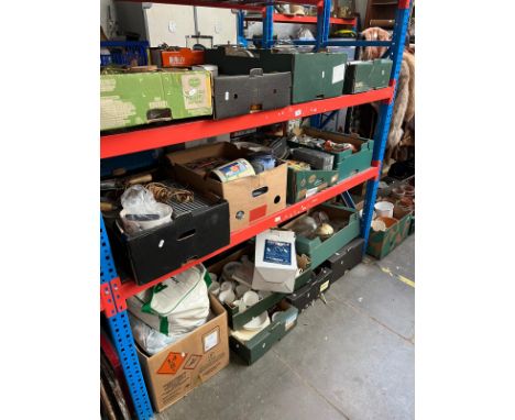 14 boxes (3 shelves) of mixed items including glass ware, kitchen ware, electric shavers, collectors plates, stainless steel,