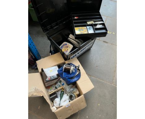 A collection of mostly sea fishing tackle including Abu Garcia rods, Marco rod, tackle box and contents, reels, hooks, line, 
