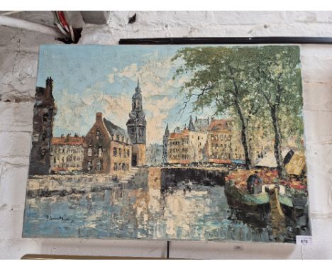 Pietre Aremds (Dutch, 20th century) after Rembrandt, oil on canvas, Amsterdam canal scene, 70.5cm x 50.5cm, signed to lower l