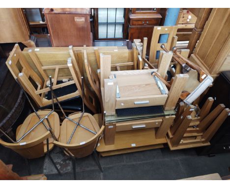 A mixed lot of furniture comprising modern light oak dining table &amp; six chairs, pair of light oak and glass top side tabl