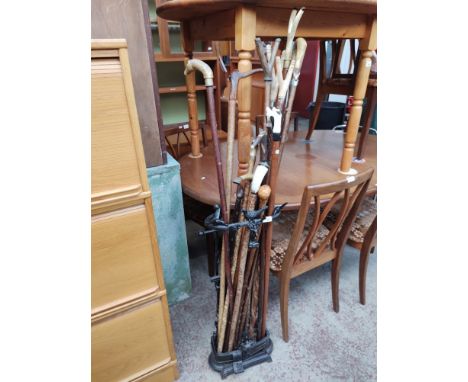 A cast iron stick stand with various sticks including horn handles, etc.