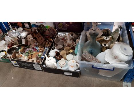 Four boxes of mixed ceramics, collectables and glass including Carlton Ware, Meakin, figurines, ornaments, plaster ducks etc.