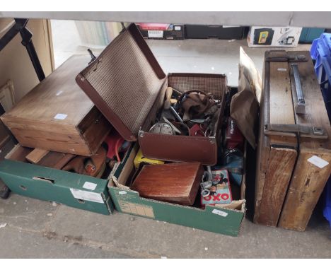 2 boxes of tools, two joiners toolboxes (one with contents), a box of mixed items including hat pins,