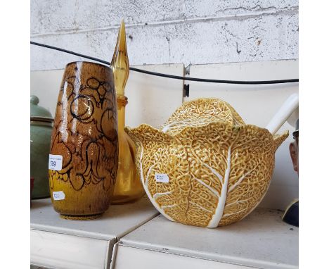 Italian Majolica cabbage leaf tureen, Poole pottery vase and glass decanter