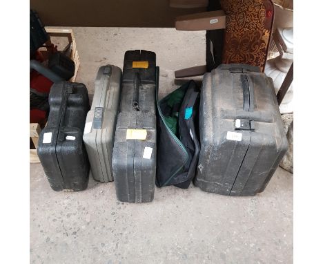 Five cased (one bag) power tools. A Powercraft 1700 watt Wall Chaser; Mac reciprocating saw; Exakt precision saw; tyre inflat