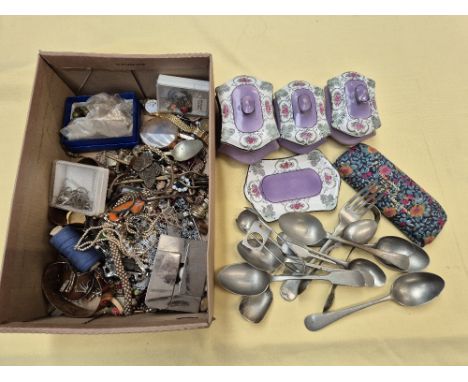 A box of assorted costume jewellery, plated cutlery and ceranic trinket boxes etc.