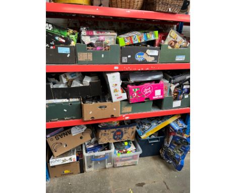 3 shelves containing 16 boxes of toys and game, plus several other boxed games - includes Lego, Disney toys, dolls, Thunderbi