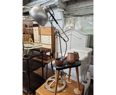 A vintage adjustable heat lamp together with a novelty occasional table with musical instruments. 