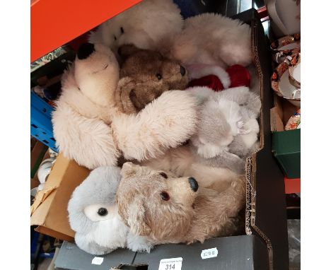 A bagatelle board and six soft toys including teddy bears, rabbits and a dog.
