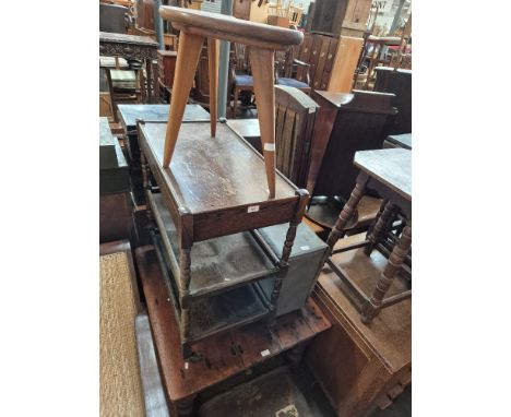 A mixed lot of furniture comprising Victorian stained pine kitchen table, vintage travel trunk, oak trolley, mid 20th century