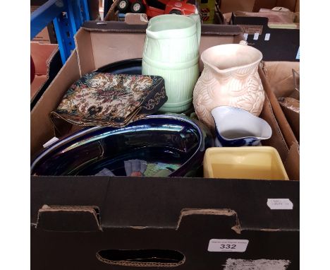 Assorted ceramics including Grimwades cluster bowl, a Wade Dewars White Label whisky jug, Sylvac and Arthur Wood jugs etc.