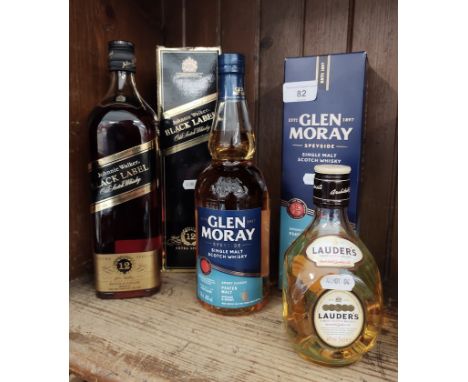Three bottles of whisky; Glen Moray peated single malt, Johnnie Walker Black label and Lauders Scotch whisky.
