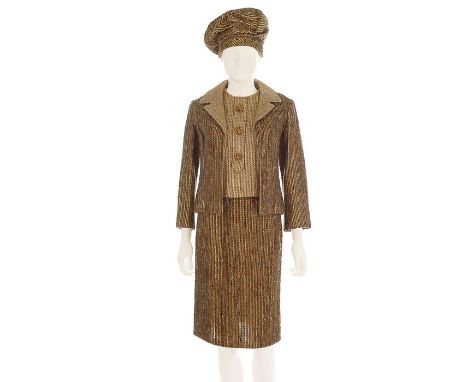 A Christian Dior New York gold lamé and coloured tweed cocktail ensemble, mid 1960s, labelled, comprising: jacket and skirt w