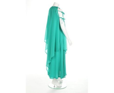 A Lanvin couture jade-green chiffon evening gown, circa 1976, labelled, the sleeveless double-layered inner tunic with integr