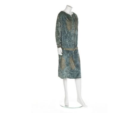 A Mariano Fortuny gold stencilled blue velvet dress, mid 1920s, circular label to silk lining 'Mariano Fortuny Venise', with 