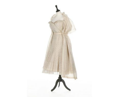 A Christian Dior couture embroidered white organdy dance dress, 1950-52, black on white woven label stamped 09908, bolduc no 