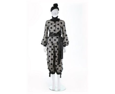 A Chanel couture 'pierrot' style ensemble, 1979, large label and numbered 57321, of printed black and white polka-dot silk ov