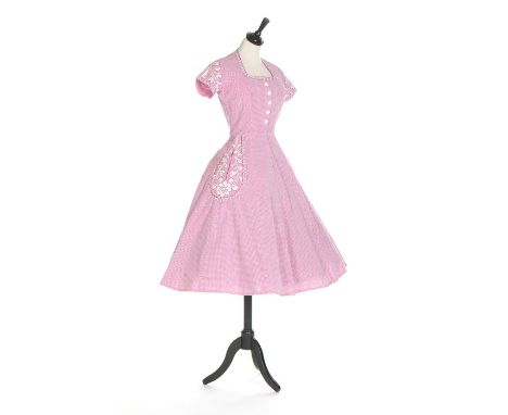 A Bruyère couture magenta gingham summer dress, mid 1950s, labelled and indistinctly numbered, with white and purple floral e