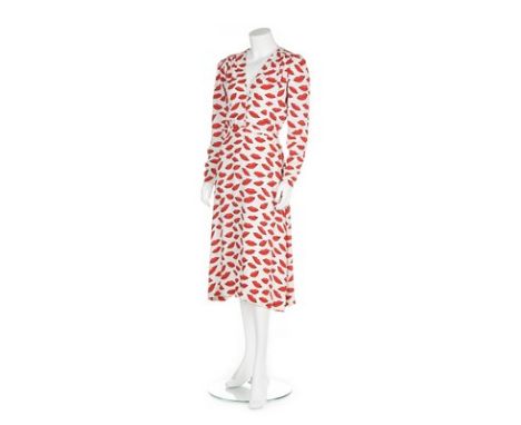 A rare Yves Saint Laurent 'lips' print dress, 1971, Rive Gauche labelled, of white crêpe, with zips to side and cuffs, button