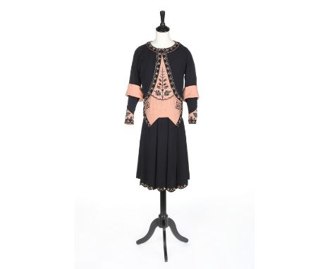 A rare Paul Poiret day dress, circa 1926-27, large woven label, the bolduc annotated '66.675, Mrs Campbell, suivre Quimper', 