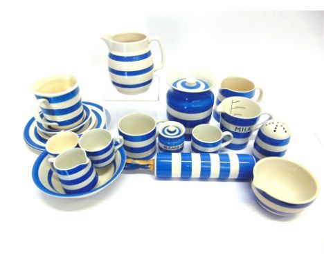 A COLLECTION OF T G GREEN CORNISH WARE  including rolling pin, large breakfast mug, pint milk jug, and other similar items