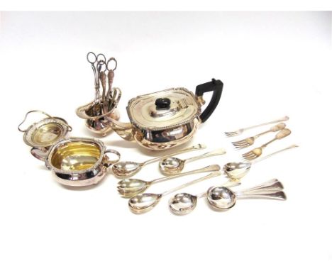 A COLLECTION OF ELECTROPLATED WARES including a three piece tea service; fish eaters; cased grapefruit set; cased fruit spoon