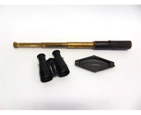 ASSORTED COLLECTABLES comprising a brass four-draw telescope, unsigned, the body with leather covering and extending spray-gu
