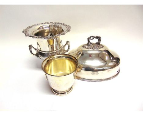 A LARGE QUANTITY OF PLATED WARES including a meat dish cover, a wine cooler, a smaller wine cooler, a double sauce tureen, a 