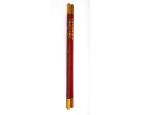 TWO CORONATION CEREMONIAL STAFFS both of wood and painted crimson with gold ends, the first with ER VII cypher below a crown 