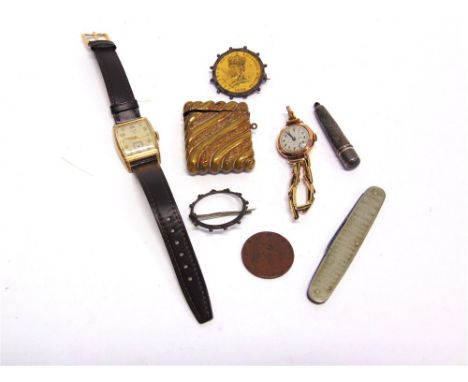 A LADY'S 9 CARAT GOLD WRIST WATCH on a gilt metal expanding bracelet; a gentleman's Elgin wrist watch on a strap; a silver ch