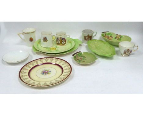 FIVE PIECES OF CARLTON AUSTRALIAN DESIGN POTTERY, AN ODD MYOTT PLATE AND A FEW PIECES OF COMMEMORATIVE CHINA 