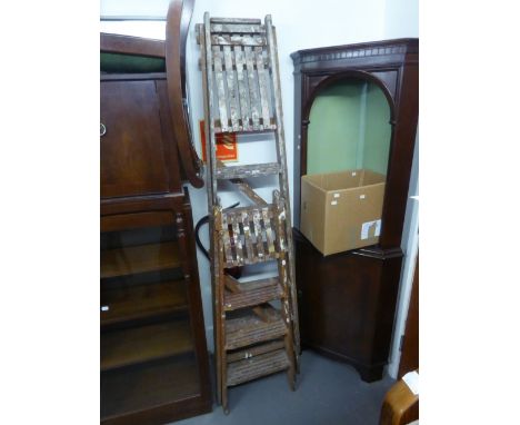 TWO SETS OF WOODEN STEP LADDERS AND VARIOUS HAND TOOLS  