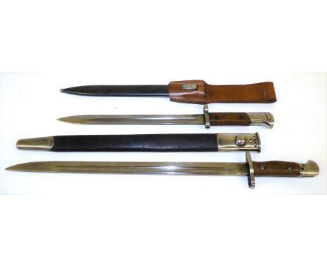 A Czechoslovakian VZ24 Mauser Bayonet, with wood grip scales, the pommel stamped tgf, with blued steel scabbard, the frog stu