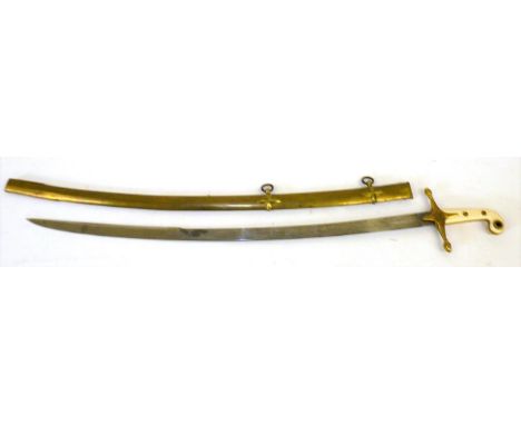 A Copy of a Victorian Cavalry Officer's Mameluke Hilted Sabre, the 78cm single edge hatchet tip steel blade etched with Royal
