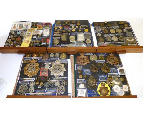 A Collection of Militaria Relating to the Border Regiment, comprising cap and collar badges, buttons, cloth insignia, two hel