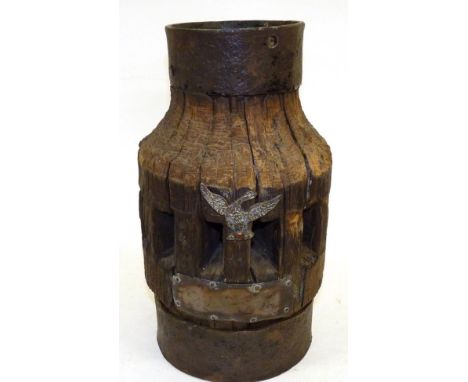 A Napoleonic Waterloo Battlefield Relic - a wooden hub of a gun carriage, with iron rims, set with a brass badge of French ea