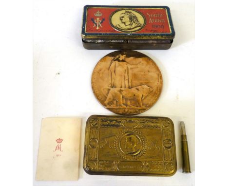 A Victorian Boer War Chocolate Tin, the red and blue hinged cover with portrait of Queen Victoria, Royal cypher, South Africa