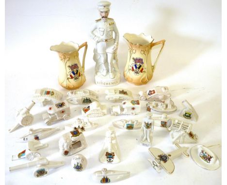 A Collection of Thirty Four Pieces of First World War Related Miniature Crested China, by Arcadian China, Carlton Ware, Savoy