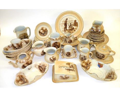 A Collection of First World War Bruce Bairnsfather Pottery by Grimwades, including four basket moulded boat shape dishes, two