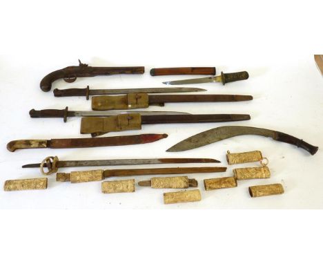 A Japanese Shin Shinto Aikuchi, 21cm steel blade with narrow hamon, one piece burred brass habaki, braid bound same hilt with