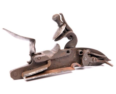 A detached lock for a Heavy Dragoon flintlock holster pistol, banana shaped plate 5-3/8" engraved with crown over "GR" and "J
