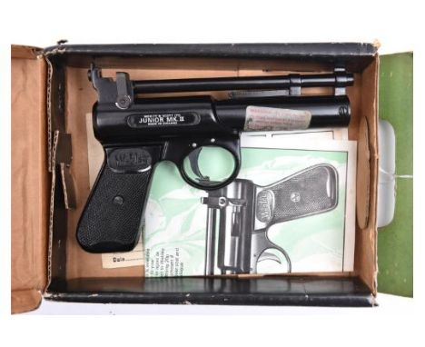 A .177" Webley Junior Mark II air pistol, batch number 494, with black lacquered finish, stick on label and warning label. GW